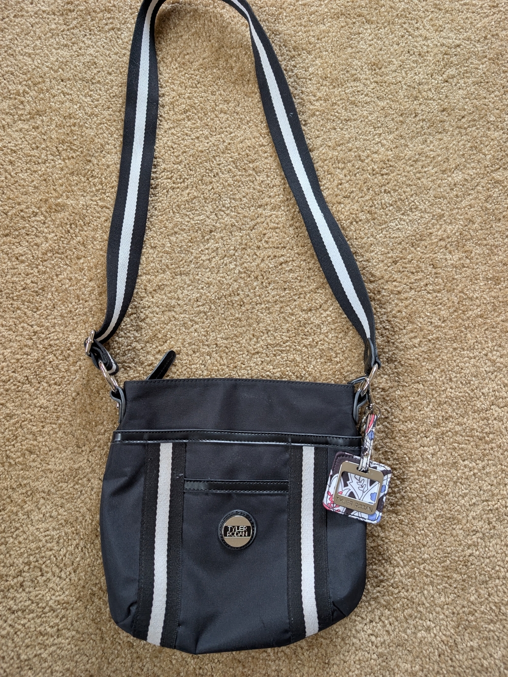 Tyler Rodan Black Crossbody Bag with White Stripes